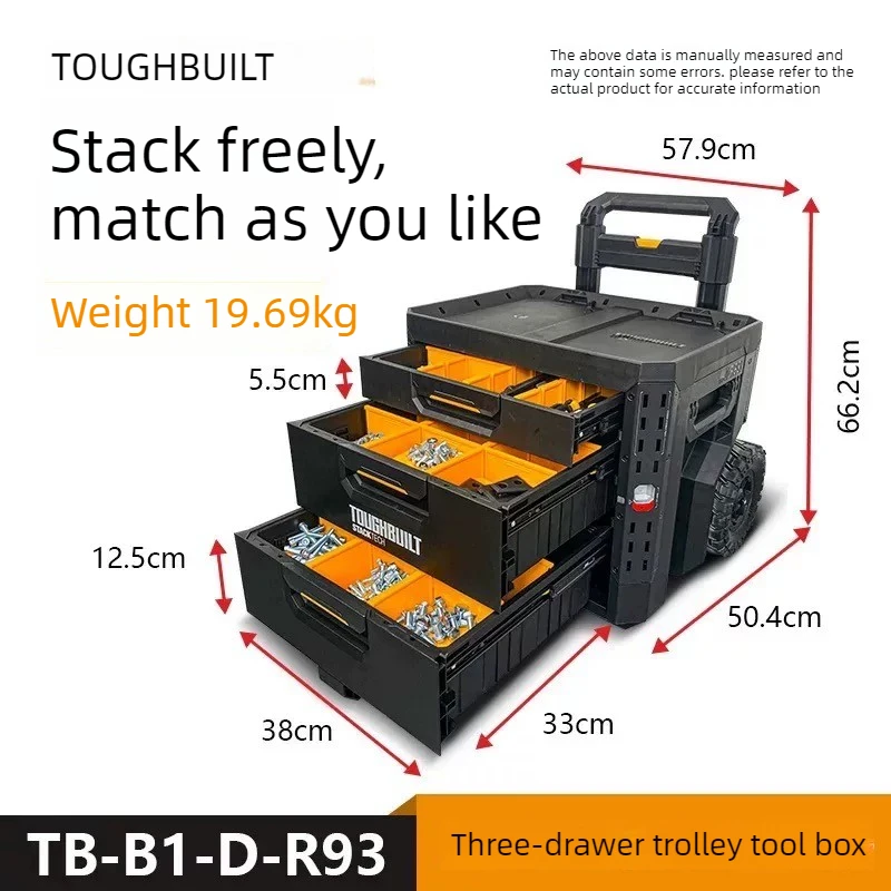 TOUGHBUILT Stackable Tool Box with Drawers, Rolling Portable Tool Chest with Handle & Wheels, Multi-Compartment Organizer