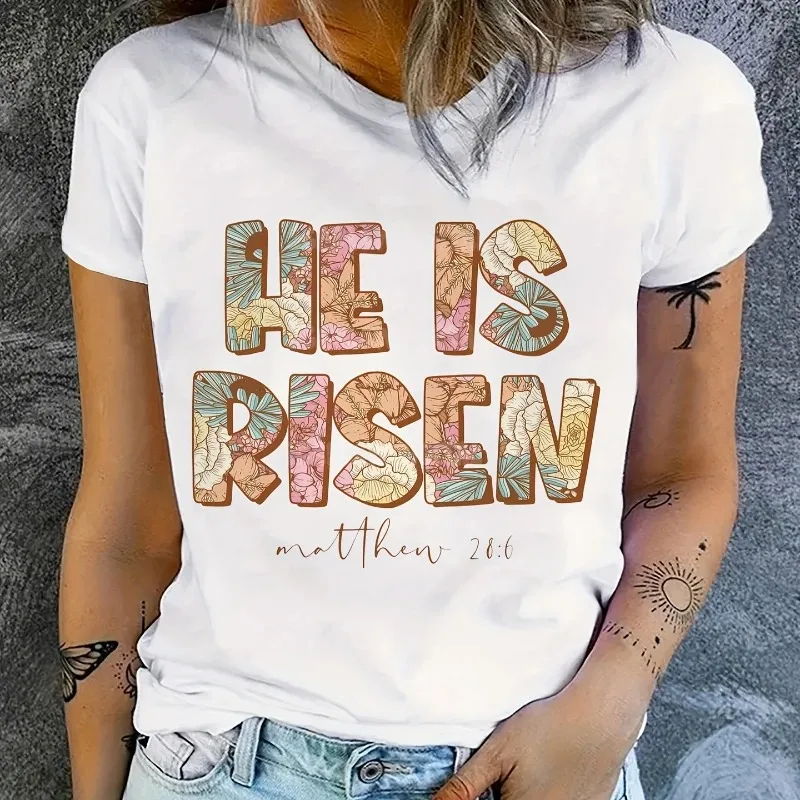 Damska koszulka z krótkim rękawem, wielostylowa, z nadrukiem religijnym, kwiatowym, biblijnym, zodiakalnym, kreskówkowym, luźna, z okrągłym dekoltem.