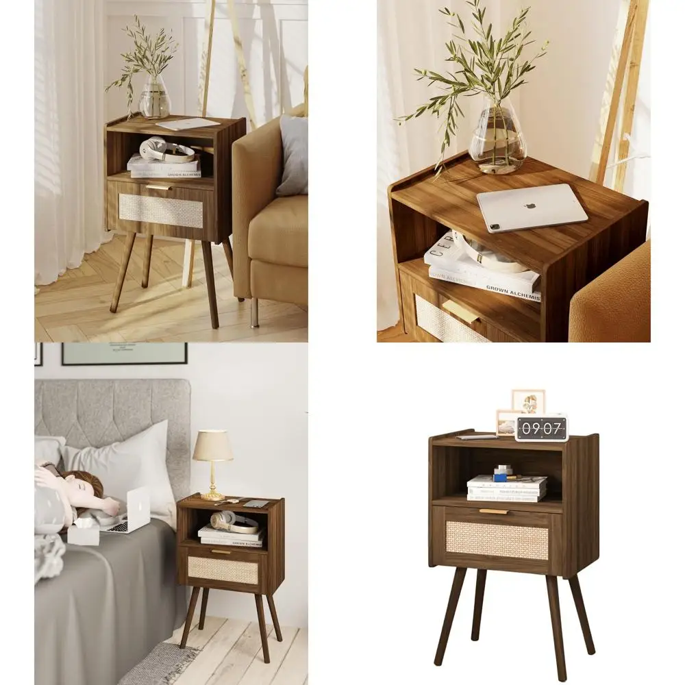 

Walnut Modern Rattan Nightstand with Drawer and Shelf, Storage Side Table for Bedrooms and Living Spaces