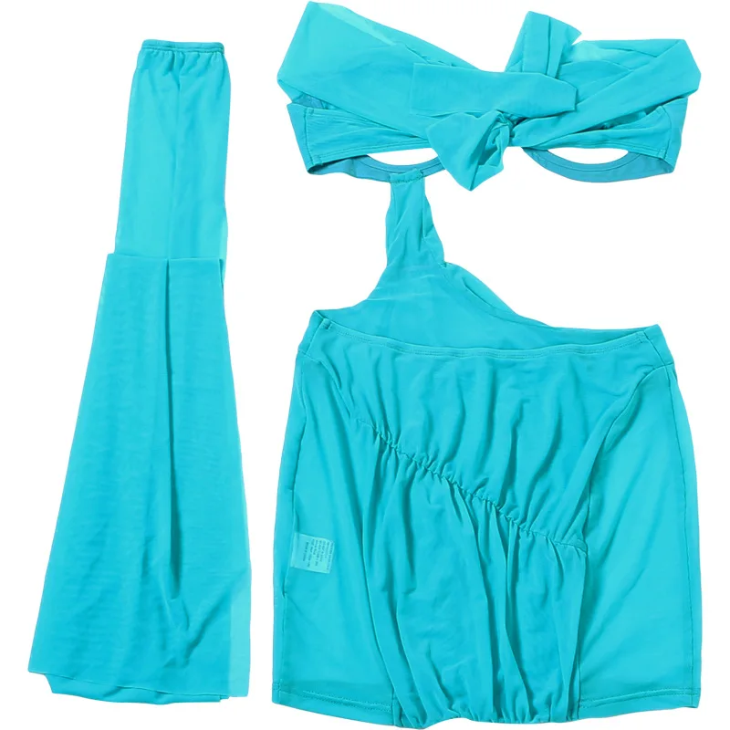 SsTss 夏の新作ホットガールズミニドレス レディースセクシー無地ワンショルダーストラップオフショルダーノースリーブカットアウトシースルー クラブドレス