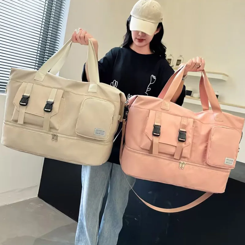 Bolso de mano de viaje para mujer, bolsa de hombro deportiva grande, impermeable, zapatos de separación en seco y húmedo, bolsillo, natación, Yoga, paquete de viaje