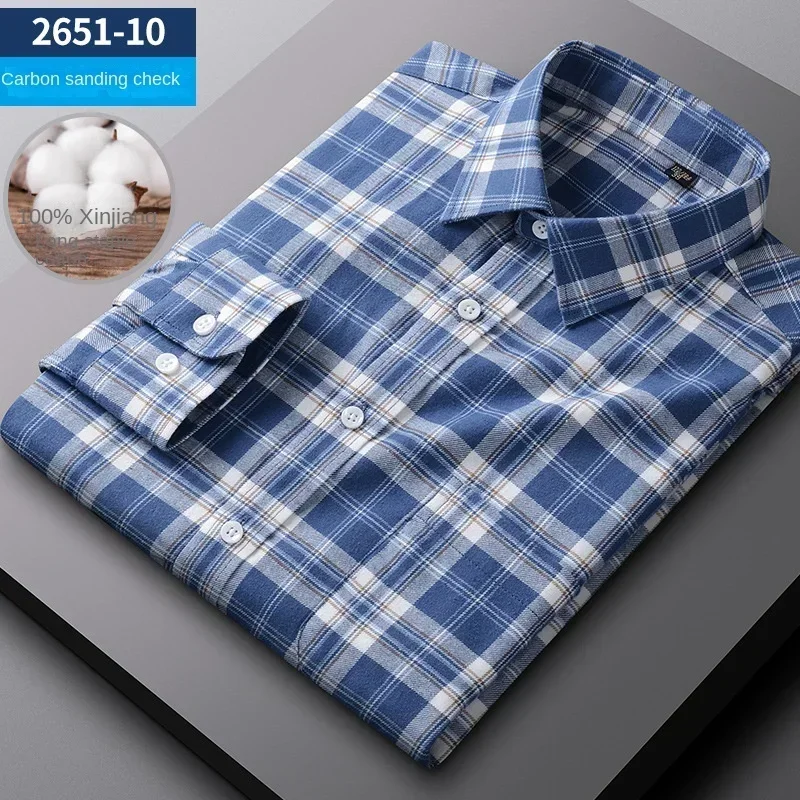 New cotton sanded plaid shirt men's spring and autumn coat casual long-sleeved middle-aged men's shirt cotton shirt