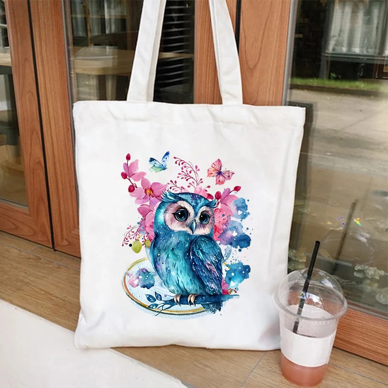 Women's Shoulder Handbags Owl Graphic Print Large Capacity Shopping Bag Girls Teen Canvas Tote Bag Reusable Foldable Bags