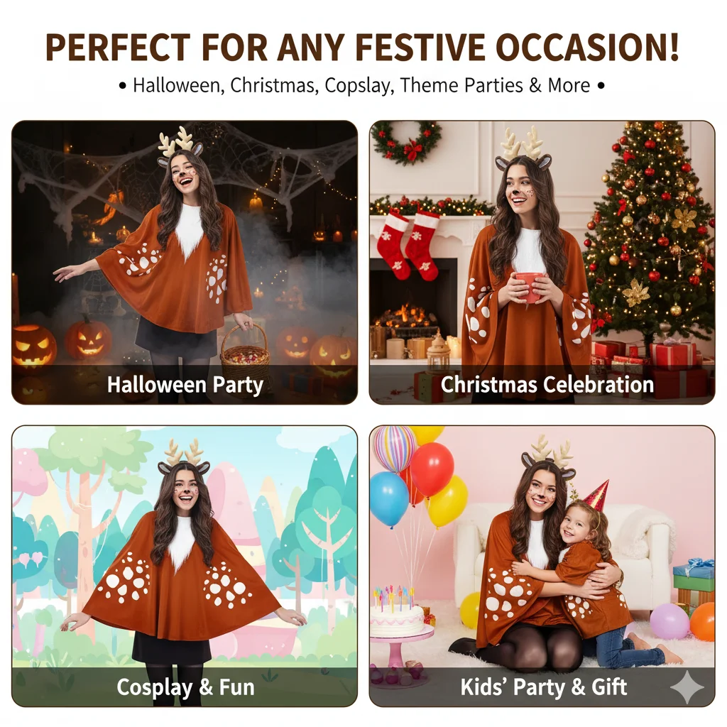 

Cute Deer Cloak Antlers Headband Brown Cape with White Spot Pattern Faux Fur Neckline Costume Cosplay Festivals Halloween Events