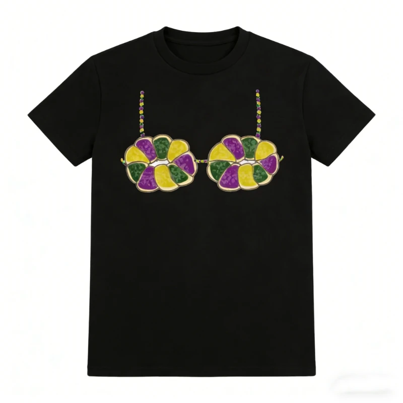 Mardi Gras Beaded Bra Printed T-Shirt Tops Carnival Costume Novelty Weirdcore Tee Crewneck Fashion Casual Style Short-sleev