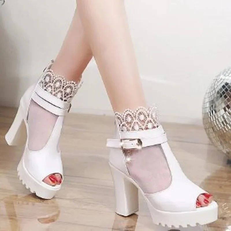 2023 Summer New Fish Mouth Waterproof Table Heel Zipper Breathable 100 with Thick Heels and High Heels 100 with Ladies