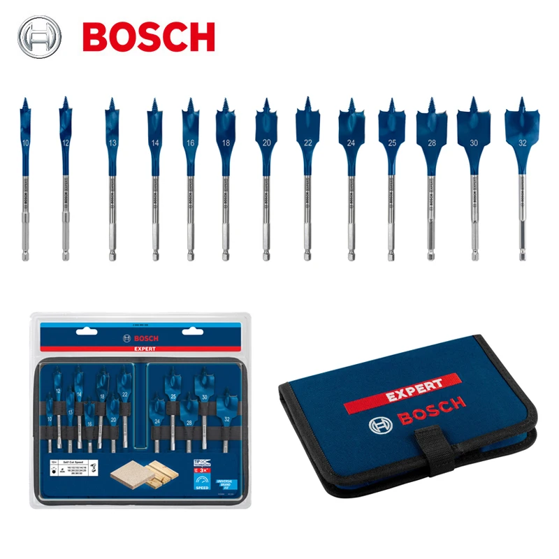 

Bosch 2608900336 Expert Self Cut Speed Spade Bit Set with Hex Shank 13 Piece High Speed Flat Wood Drilling