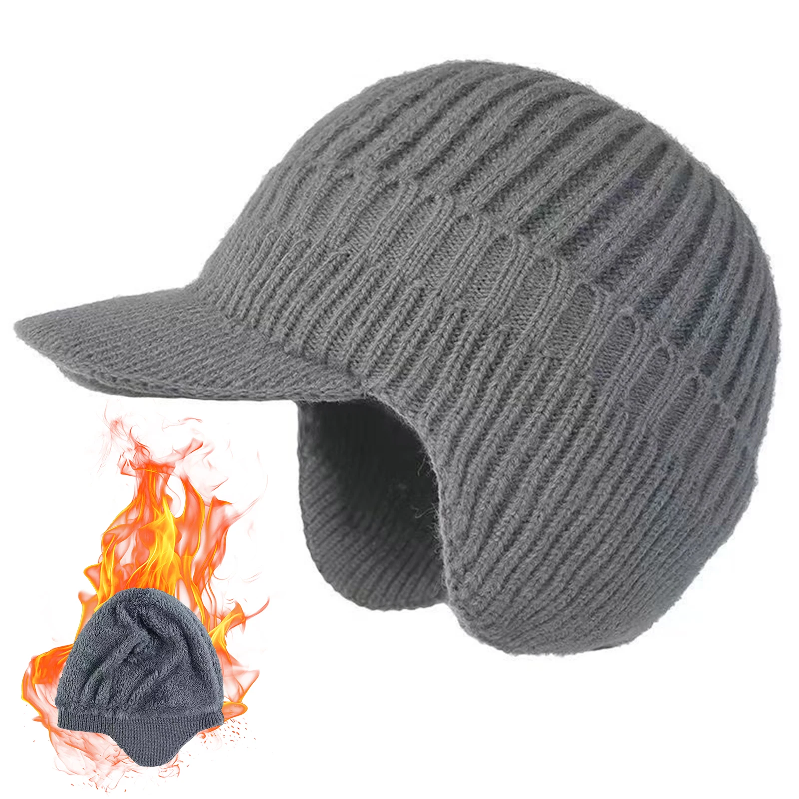 

Outdoor Warm Knit Hat With Brim And Ear Flaps Men Women Winter Soft Beanie Thicken Fleece-Lined Sports Caps For Cold Weather