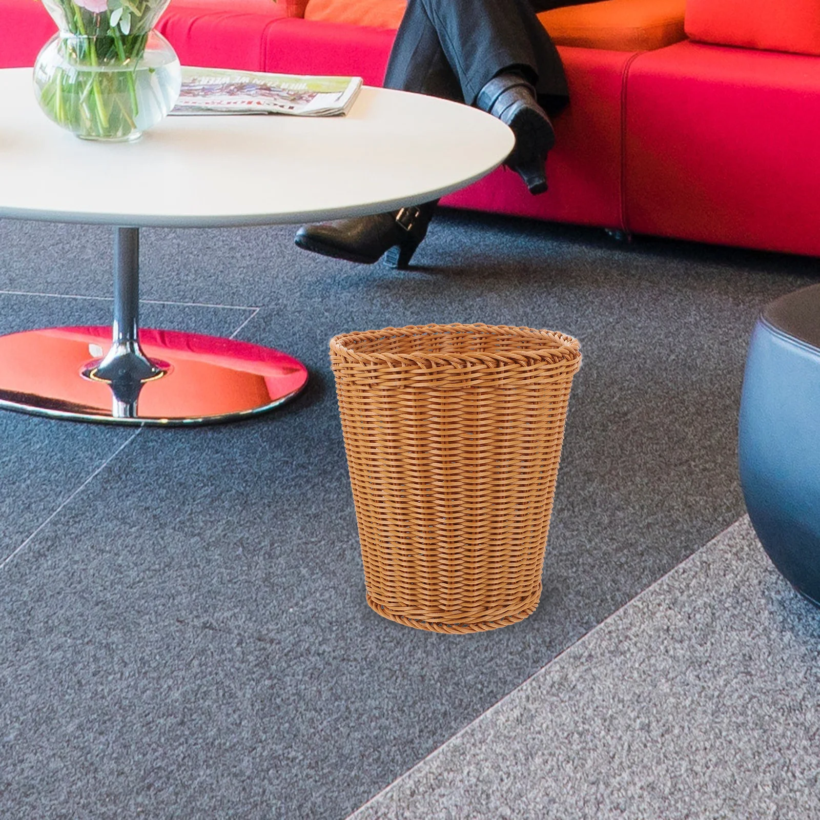 

Natural Style Woven Trash Basket Desktop Waste Container for Home Office Imitation Rattan Bin Boho Farmhouse Sundries Storage