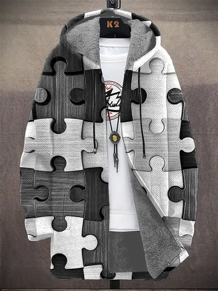 Men's Plaid Print Winter Fleece Lined Hooded Trench Coat Unisex Thick Warm Jacket