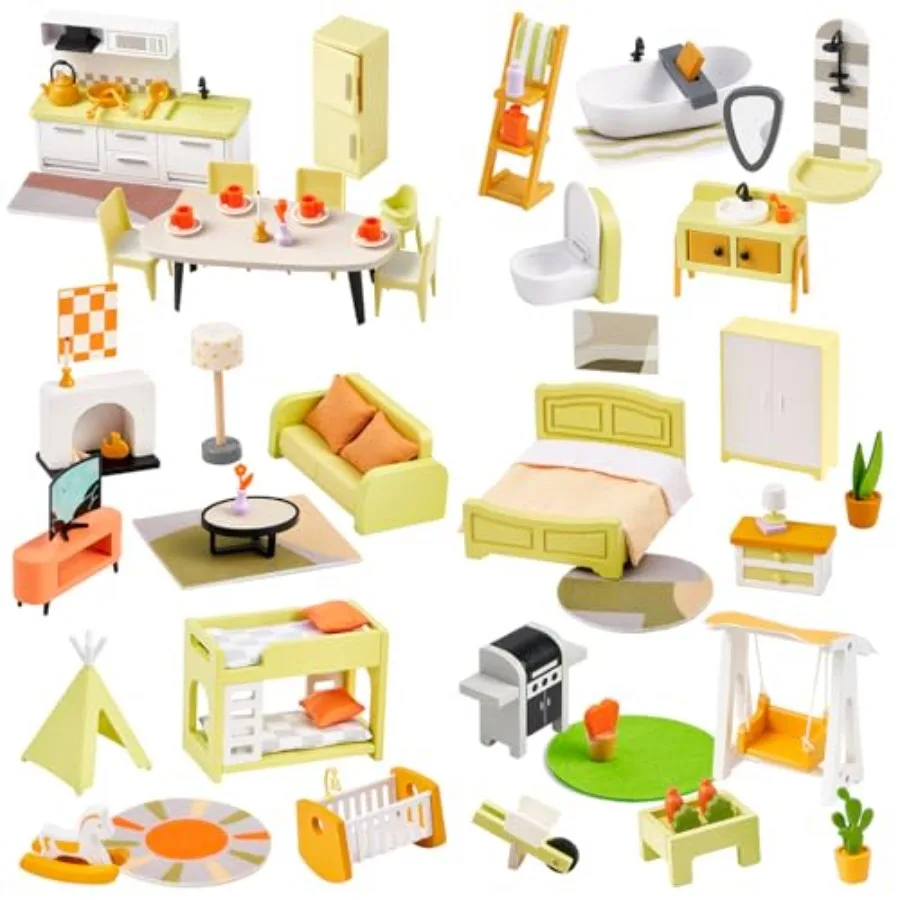 

85pcs Wooden Plastic Dollhouse Furniture Set for 6 Rooms Modern Dollhouse Accessories Pretend Play Furniture Toys for Boys Girl