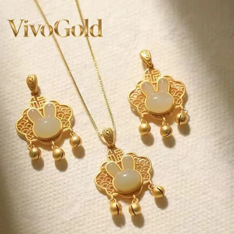 VivoGoldWomen 9999 24K Real Gold Jade Rabbit Ruyi Lock Pendant Golden Rabbit Year Zodiac Longevity Lock Bell Pendant Baby Lady