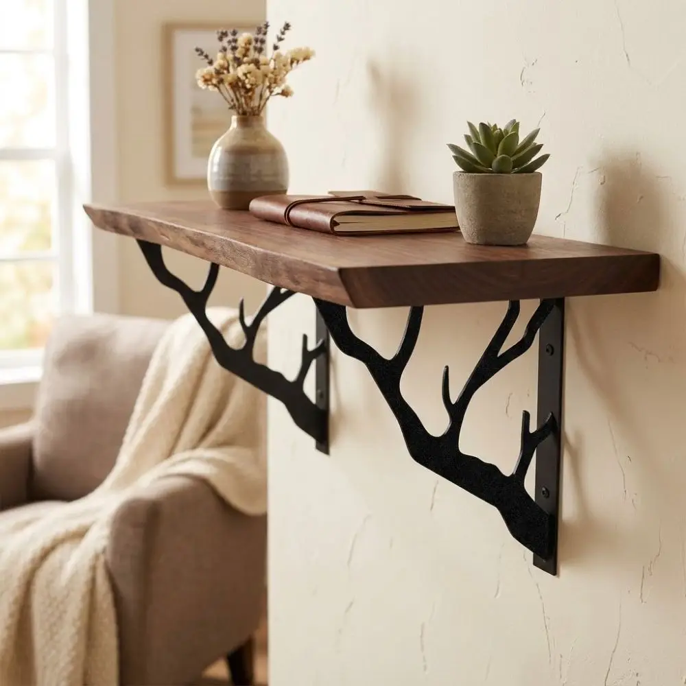 2Pcs Tree Shaped Metal Shelf Brackets Heavy-Duty Cast Iron L-Shaped Brackets Thickened Triangular Wall Mounted Brackets