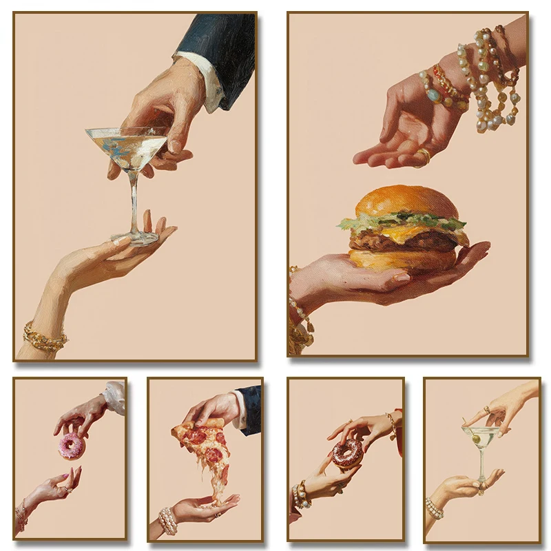 Retro Pop Classic Artwork Hand The Last Slice Cocktail Burger Food Poster Canvas Painting Wall Art Pictures Home Kitchen Deco
