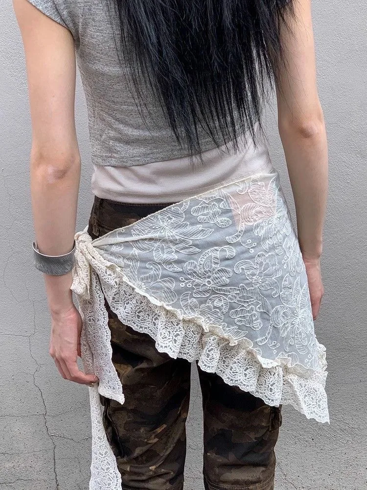 

Asymmetrical Lace Skirt Pants Japanese Vintage Y2k Jacquard Layered Skirt Fashion Lace-up Skirt for Women Spring Clothing