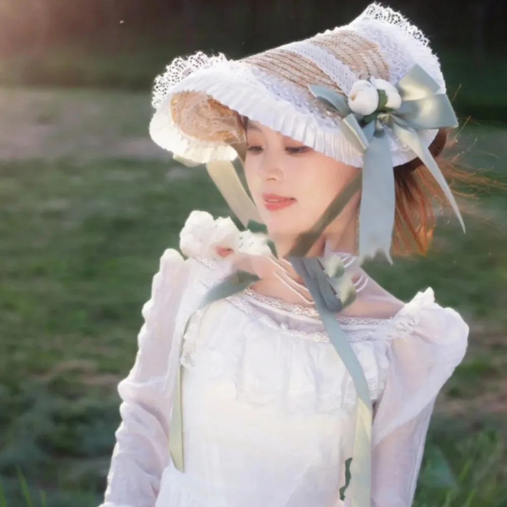 French Rural Style Lolita Straw Hat Ruffle Lace Ribbon Bow Girl Sun Hat With Strap Ribbon Flower Handmade Flat Top Hat