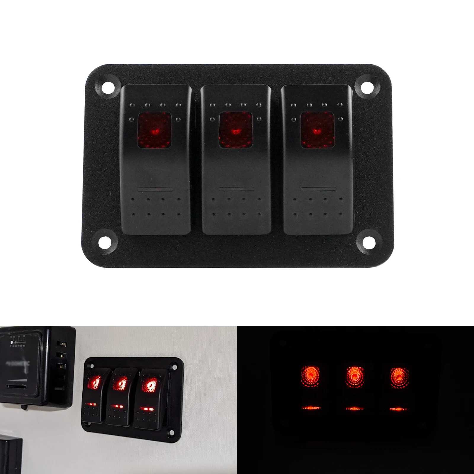 3 Gang 12V/20A, 24V/10A Red LED Light Rocker Switch Panel Control Toggle Car Marine Boat Voltmeter Campervan RV Truck