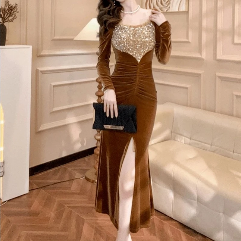 

Temperament Slit Hem Slim Midi Dress Spring Autumn Long Sleeve Contrast Patchwork Elegant Ladies Dresses Fashion Women Clothing