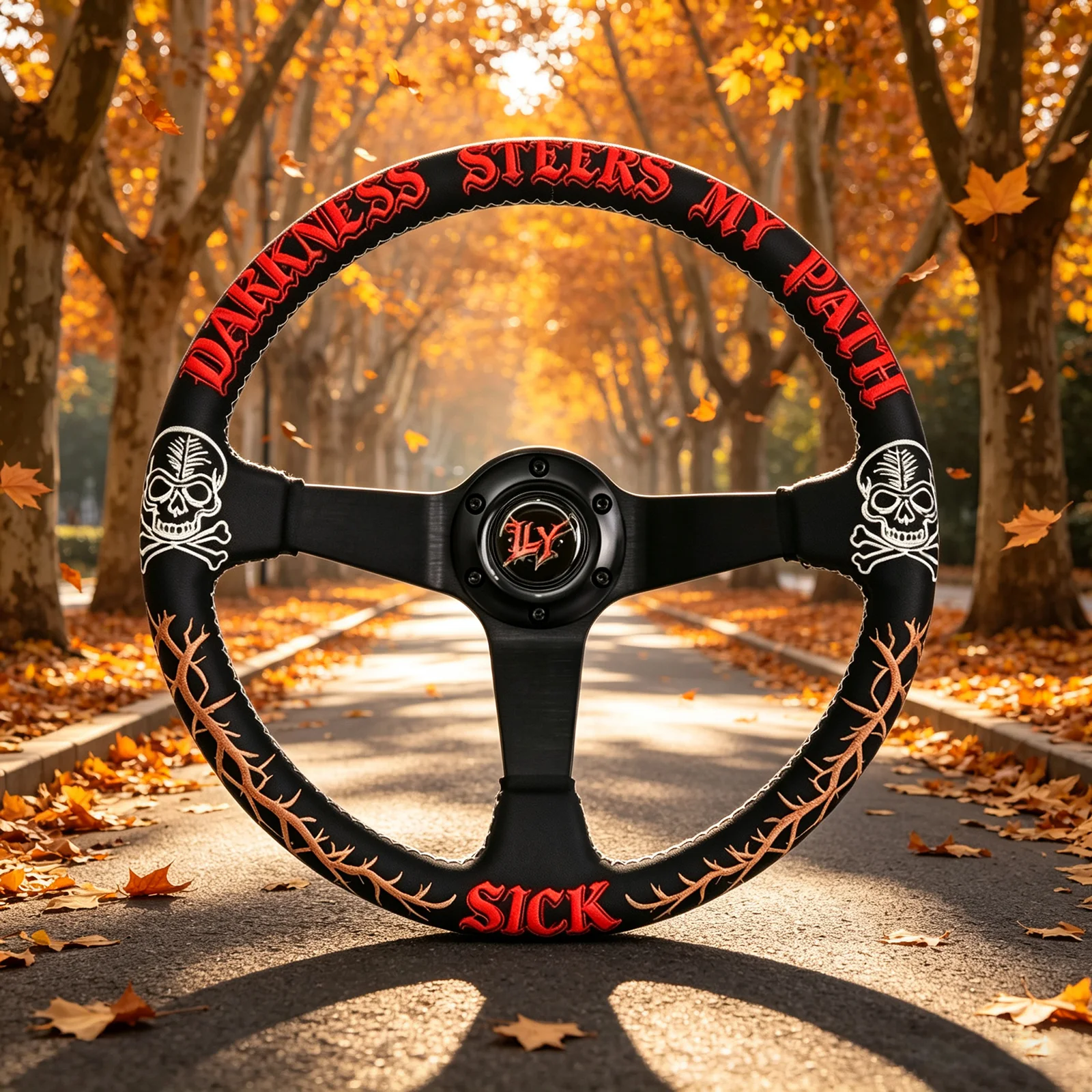 LY 350mm Racing Steering Wheel, Skull & Thorn Embroidery Leather 3-Spoke Universal Drift Car Modified Sport Steering Wheel