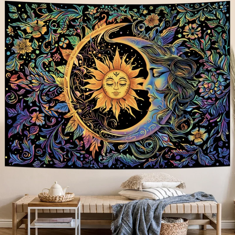 VIKAMA Sonnen- und Mond-Wandteppich, psychedelischer und geheimnisvoller Blumen-Wandteppich, Hippie-Bohemian-Blumen-Pflanzen-Wandteppich