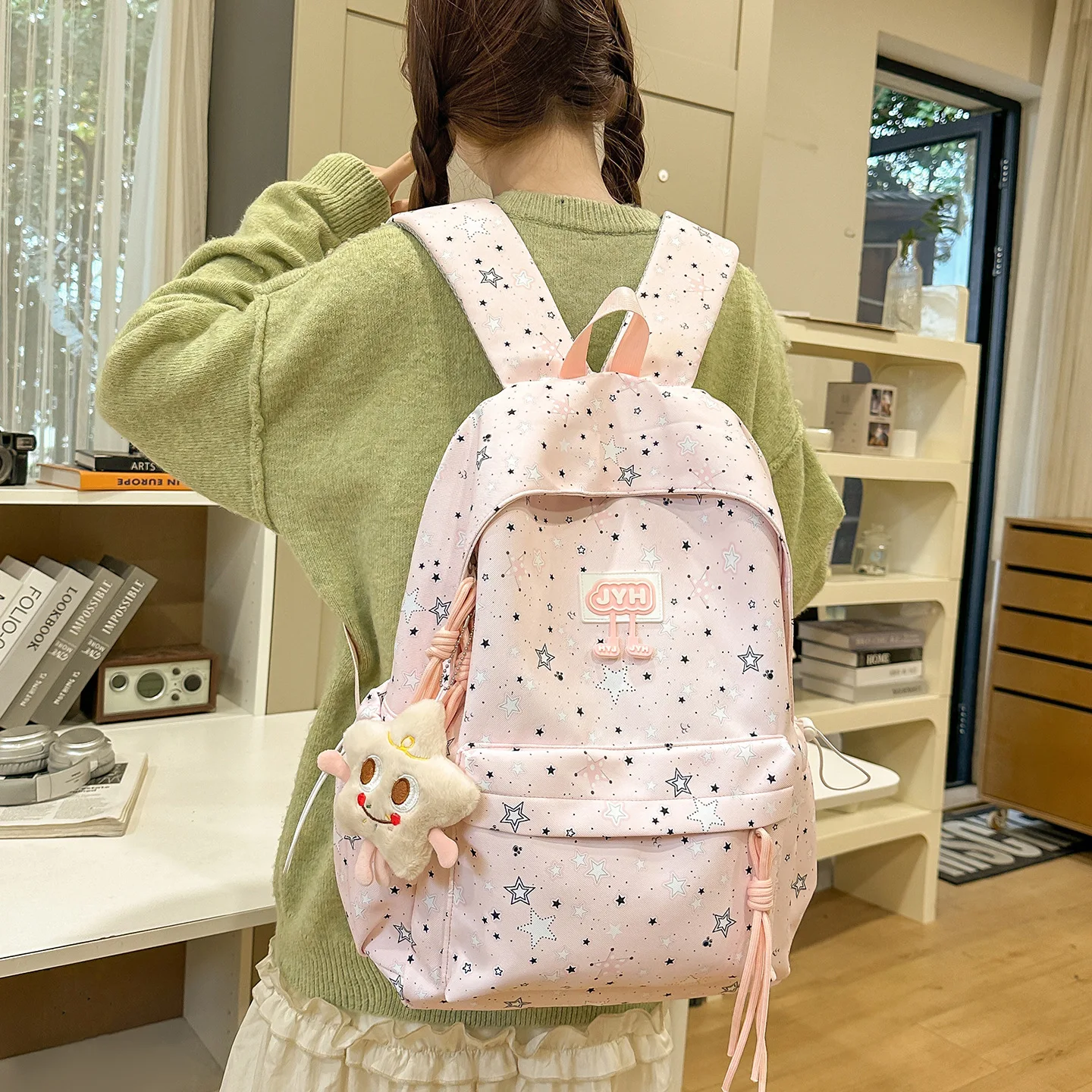 Nylon fabric color-blocked five-pointed star backpack, lightweight student schoolbag, cute pendant, waterproof travel bag