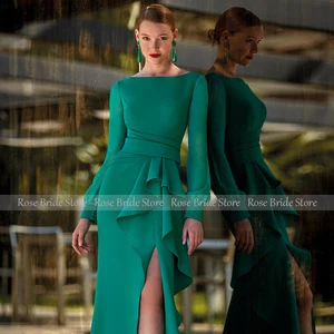 Vestido feminino de fenda alta plissado sem costas trompete formal, vestidos de noite sereia, vestido de casamento verde, mangas compridas, pescoço barco 6 principais vendas vestido aquamarine - №3