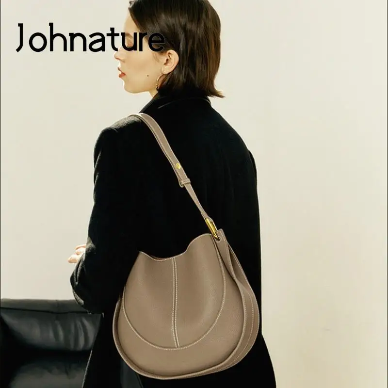 Johnature 2024 New Fashion Women Bag Genuine Leather Versatile Shoulder Bags Solid Color Casual Cowhide Crossbody Bags