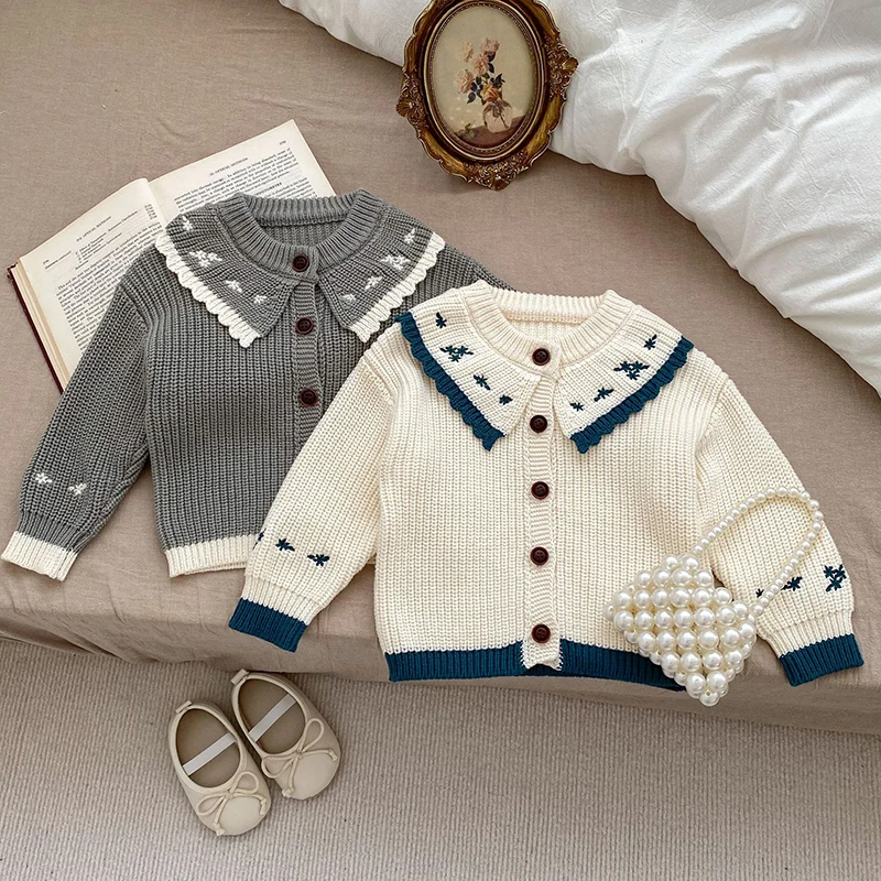 

Autumn Baby Sweaters Girl Clothes Knit Top Embroidered Lapel Cardigan Long Sleeved Sweater Knitted Infant Coat Newborn Clothing