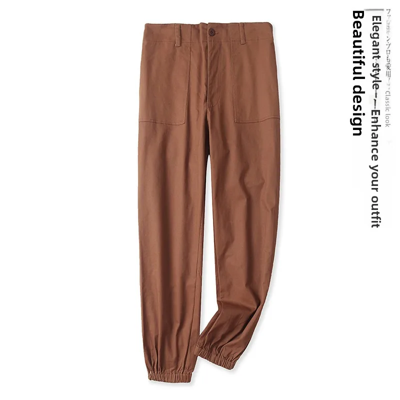 High Waist Cotton Casual Pants Women's Versatile Half Elastic Multi Pocket Slimming Long Trousers Autumn New Style 13629