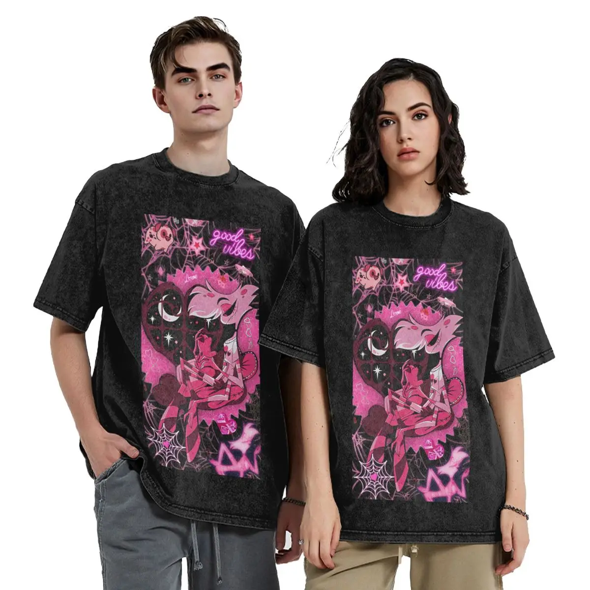Angel Dust Hazbins Hip Hop Short Sleeve T-Shirts Washed Tops Tees Streetwear T Shirt Oversized for Men Women