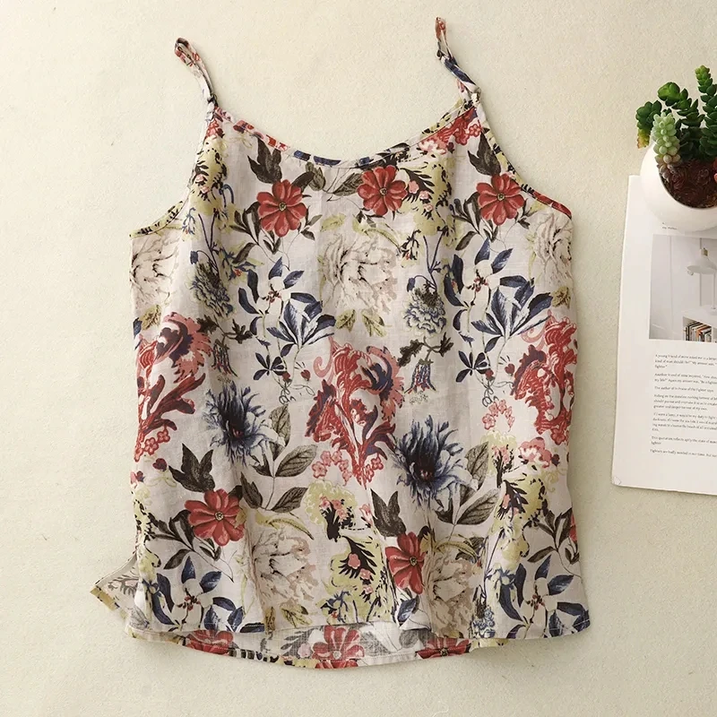 Vintage Floral Print Boho Style Cotton Linen Camisole Tank Top Women Summer Adjustable Strap Sleeveless T-shirt Elegant Lady Top