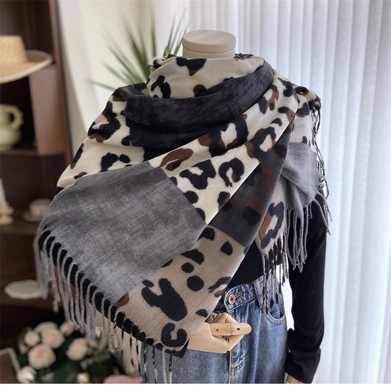 Stylish Faux Fur Leopard Print Wrap Shawl - Wraps & Pashminas - Soft, Warm, and Trendy Long Scarf with Fringe For Women Cashmere