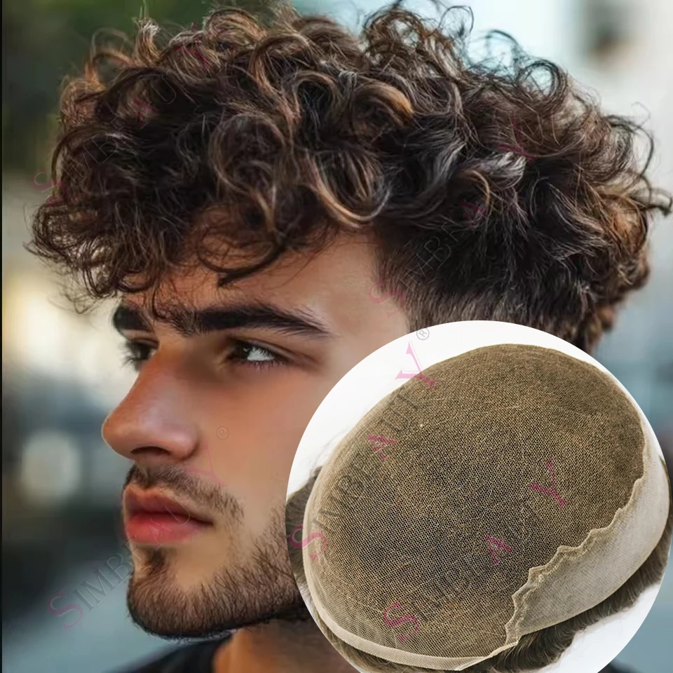 

Light Brown Blond 20mm Curly Q6 Exhaust Men Toupee Natural Hairline Undetectable Lace&Pu 1B50 1B80 Gray Hair Bleach Knots Prosth