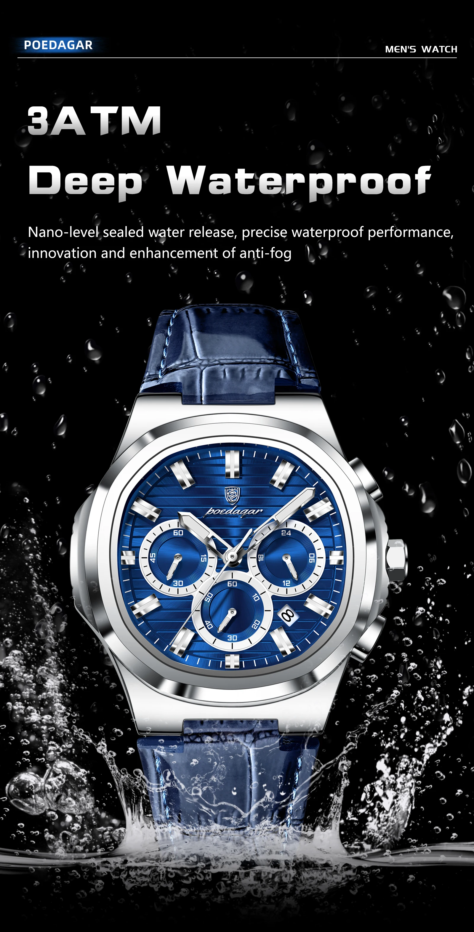 POEDAGAR Business-Herrenuhr Leder Wasserdicht Leuchtend Sport Herrenuhr Datum Chronograph Quarz Mode Herrenuhren Reloj – Detail 12