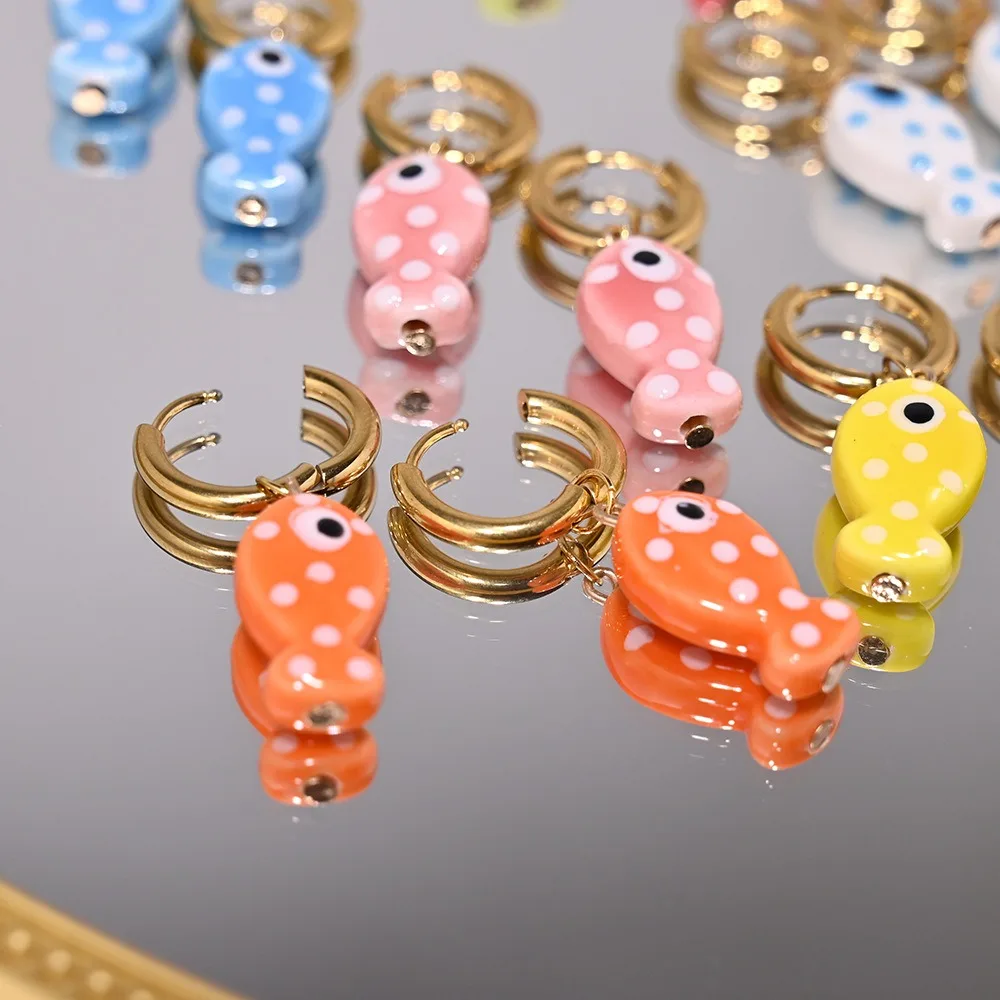 Cute Sweet Summer Dopamine Colorful Ceramic Little Fish Pendant Gold Color Stainless Steel Hoop Earrings for Women Jewelry Gifts