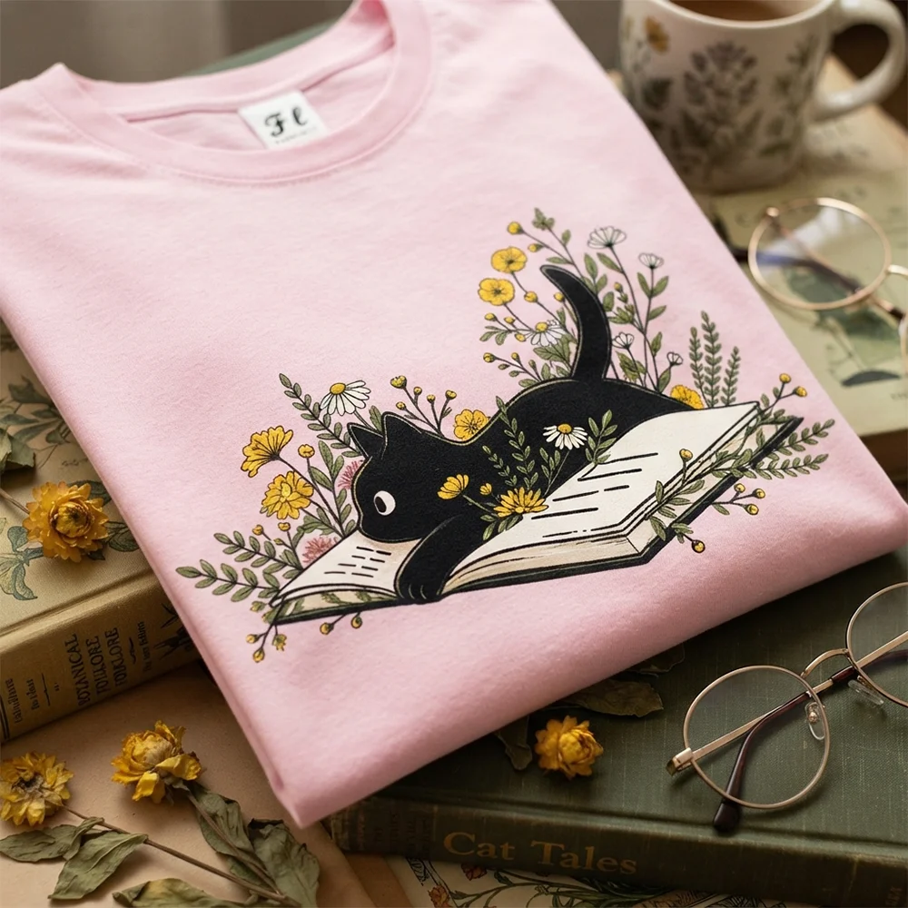 Women Cute Cat Reading Book Graphic Print Short Sleeve T Shirt Casual Floral Tee Aesthetic Vintage Animal Apparel