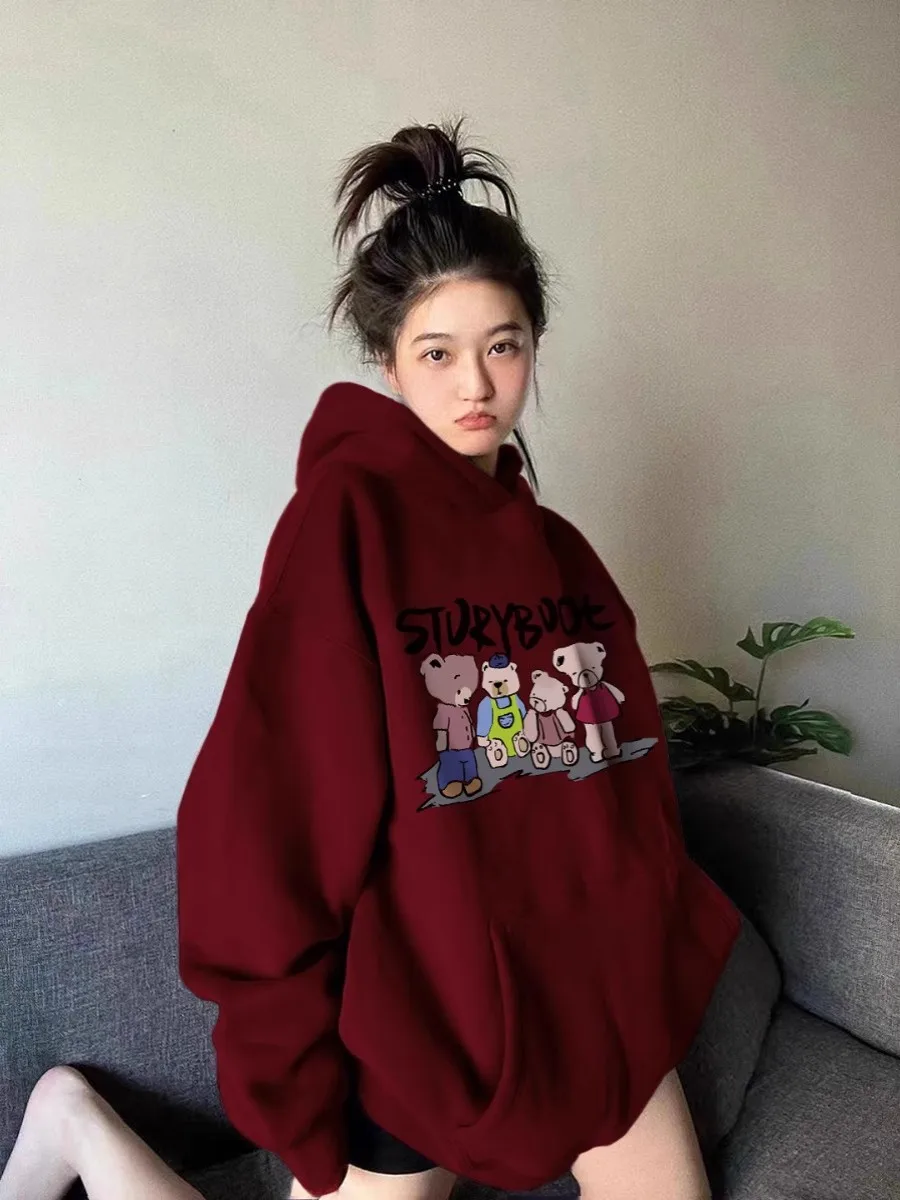 Spring and Autumn Thin Burgundy Hooded Sweatshirt Women\'s 2024 Hot Style American Retro oversize Lazy Style Jacket