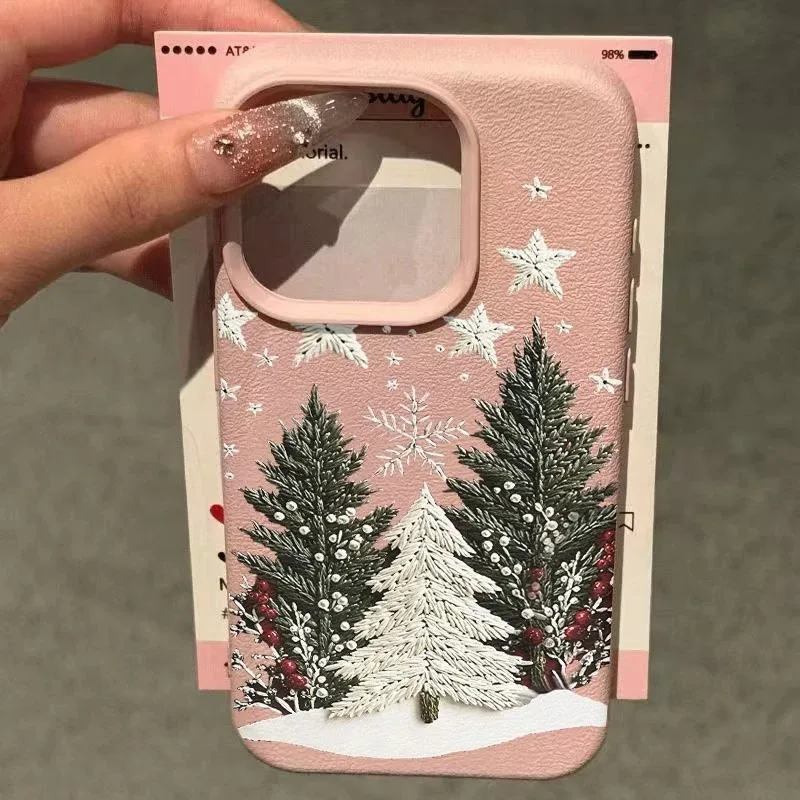 Christmas Tree Design Lychee Texture Phone Case For iPhone 18 17 16 15 14 13 12 11 Pro Max 17 Air 15 Plus X XS XR 16E Soft Cover