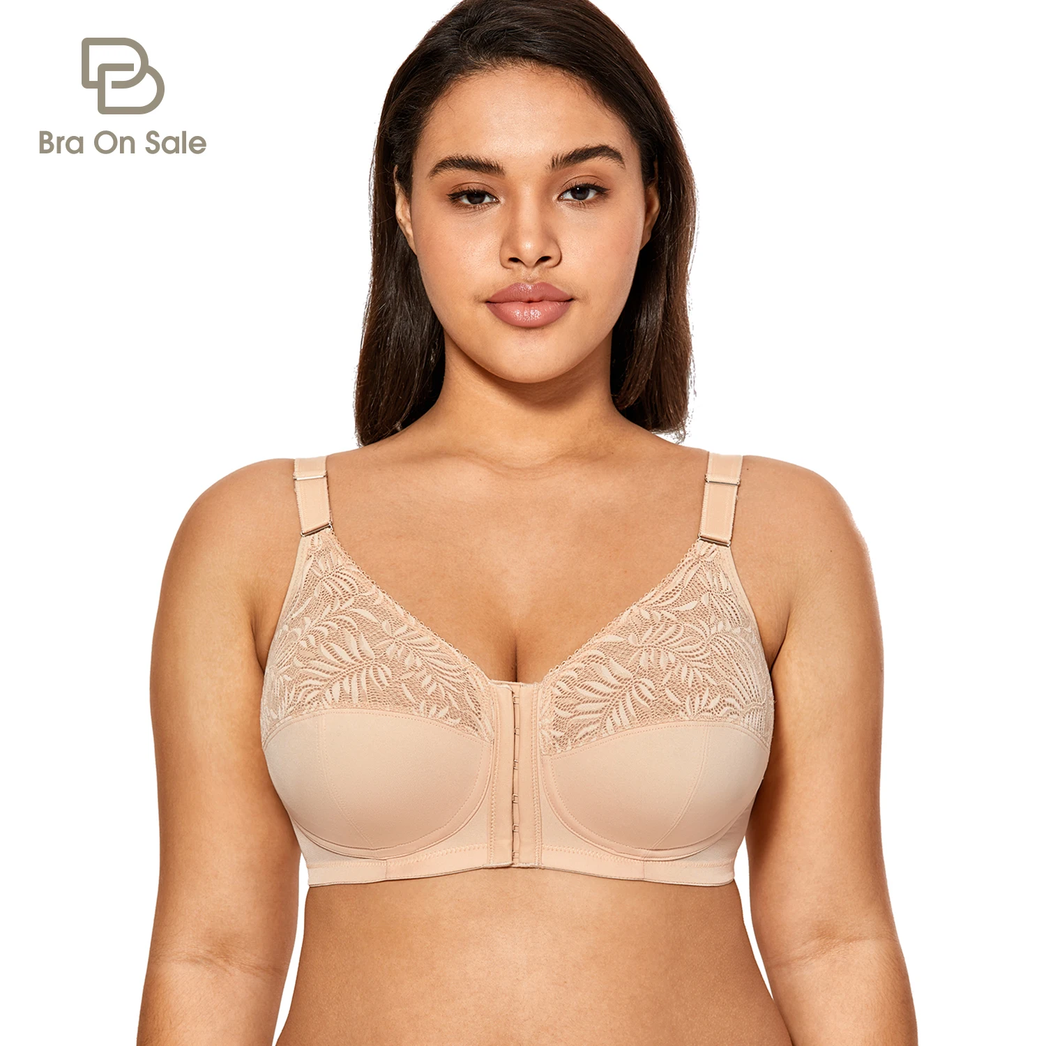 

Women's Posture Front Closure Bra Plus Size Transparent Lace Full Figure Wire Free Back Support Full Coverage