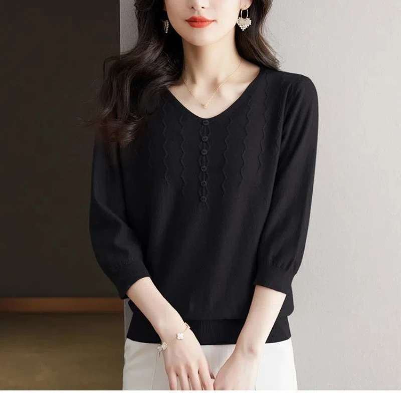 Spring Autumn Women\'s Clothing Solid Color Round Neck Pullover Sweater Knitted Casual Elegant Three Quarter Button Vintage Tops