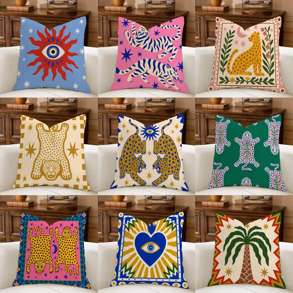 Mystical Leopard Evil Eye Sun Cushion Cover Natural Breathable Durable Linen Printed Decor Pillow Case Sofa Bedroom