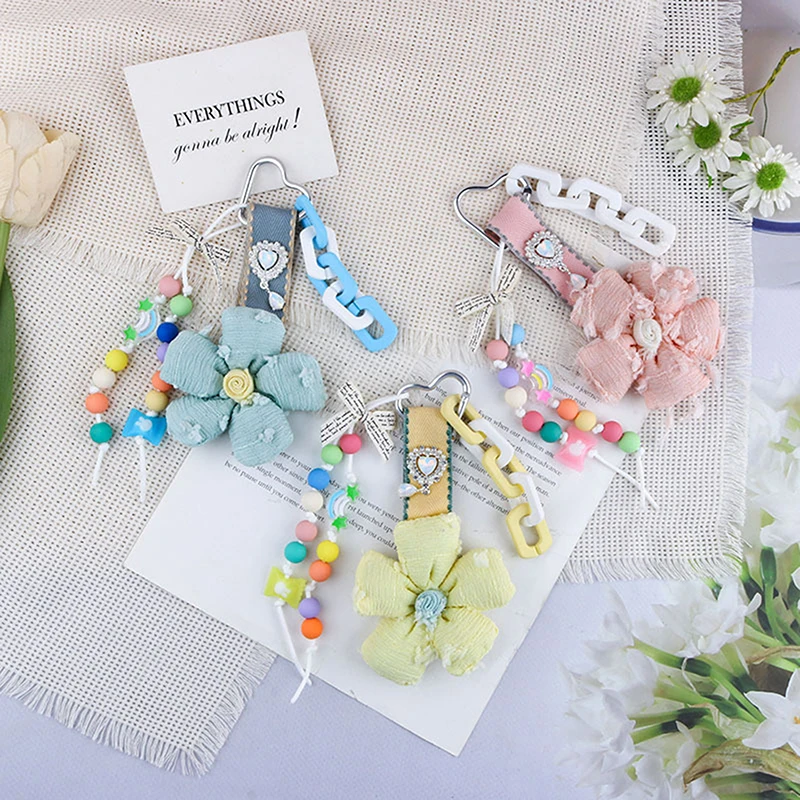 〔CC88〕New Cute Fabric Colorful Flowers Resin Chain Pendant Keychain Versatile Hanging Ornament Bag Decoration