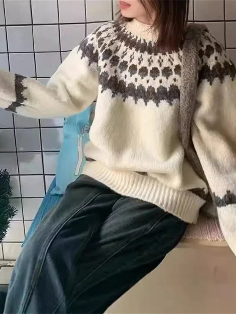 Autumn and Winter Lazy Style Fair Island Soft and Loose Sweater Women's Thick Alpaca Wool Contrasting Color Knitted Sweater