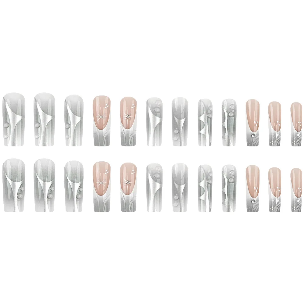 24pcs 3D Silver Grey False Nails Long Ballet Coffin Sweet Cool Fake Nails Patches Full Cover Wearable European Press on Nails