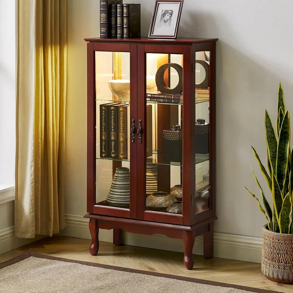 Illuminated Cherry Wood Floor Standing Glass Curio Cabinet with Adjustable Shelves, Mirrored Back, and Tempered Glass Door - view 3