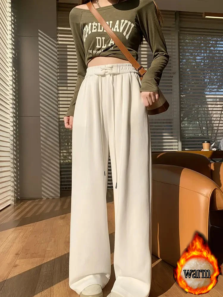 한국 스타일 인스 스타일 여성 캐주얼 팬츠, 새로운 가을 겨울 루즈 슬림 와이드 팬츠, 플리스 안감 및 두꺼운 소재, 하이웨이스트, 드레이프 스트레이트 팬츠