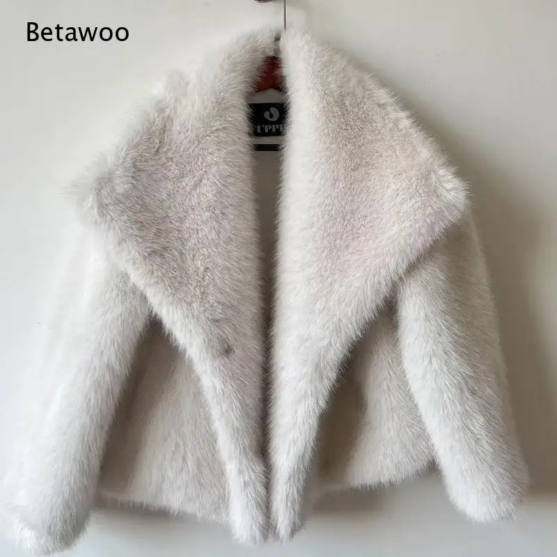 Trendy Women Short Cropped Faux Fur Jacket Big Turn Down Lapel Open Front Plush Fluffy Cold Weather Outer Coat