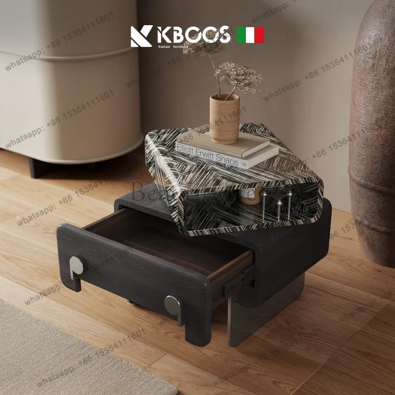 LS Italian minimalist small bedroom bedside table designer creative home rotating ash wood leather bedside