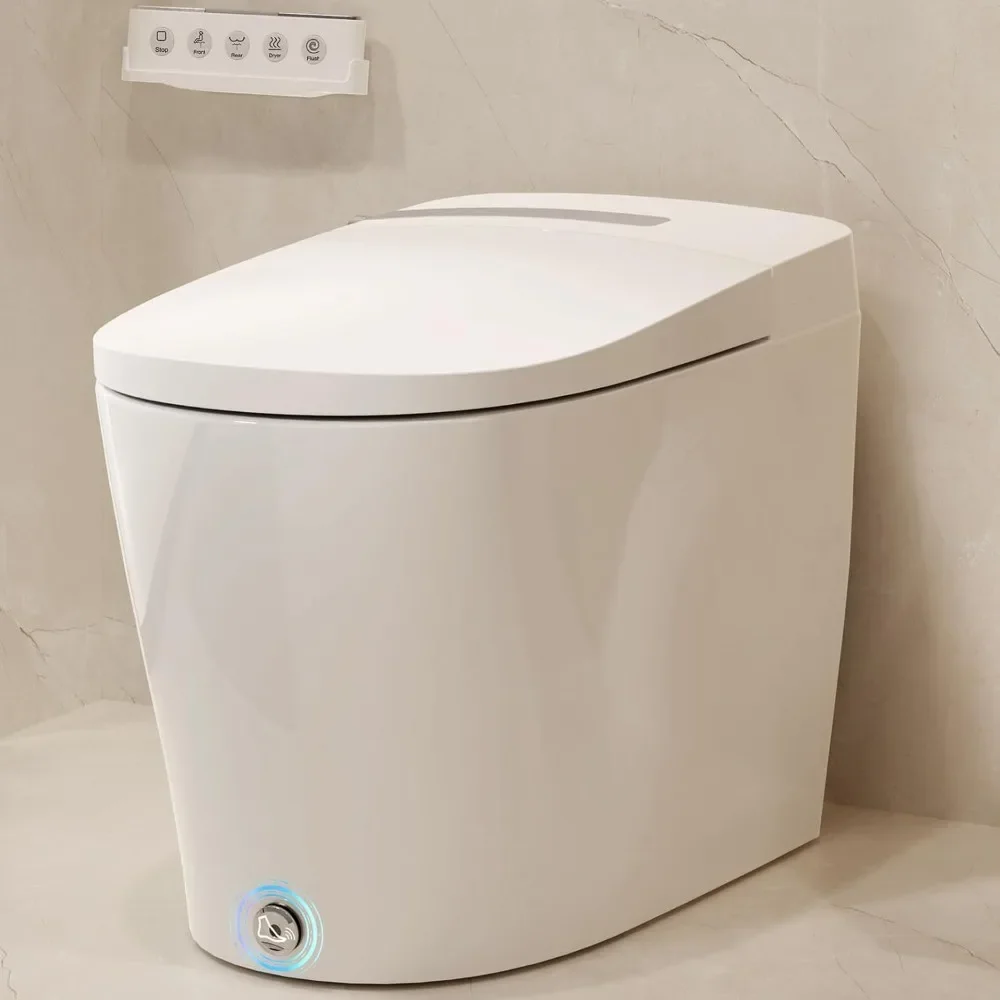 

Modern 1-Piece Elongated Bidet: Built-in Tank, Heated Seat, 1.06 GPF Auto Flush, Warm Water, Remote/Foot Kick, Blackout Flush