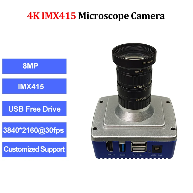 

4K 8MP IMX415 30 кадров в секунду Промышленная камера для микроскопа USB-выход 6-50 мм с переменным фокусным расстоянием Лен CCD Free Drive 3840*2160 для Linux